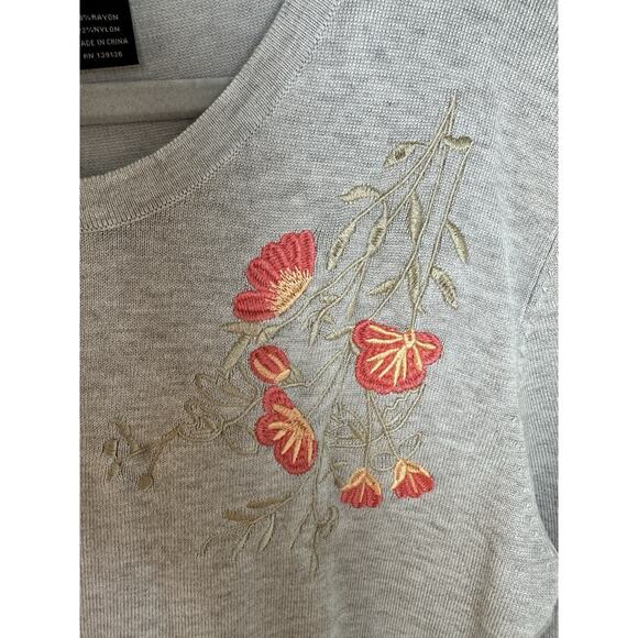 Esperanza Gray Embroidered Floral XL Sweater Cardigan Secretary Retro - Picture 3 of 10